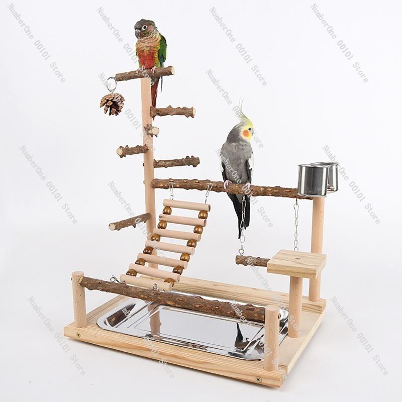 Pepper Wood Parrot Stand,Bird Training Station with Climbing Net,Suspension Bridge Swing for Parrots,Interactive Climbing Ladder