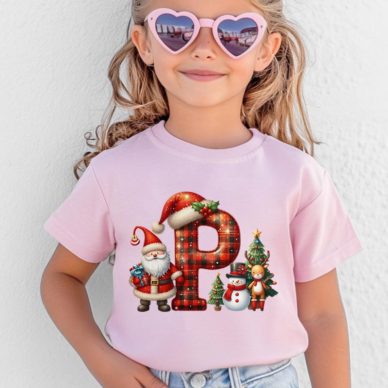 Personalized Kids Christmas T-shirt with A-Z Alphabet Print, Santa Hat Design for Boys & Girls