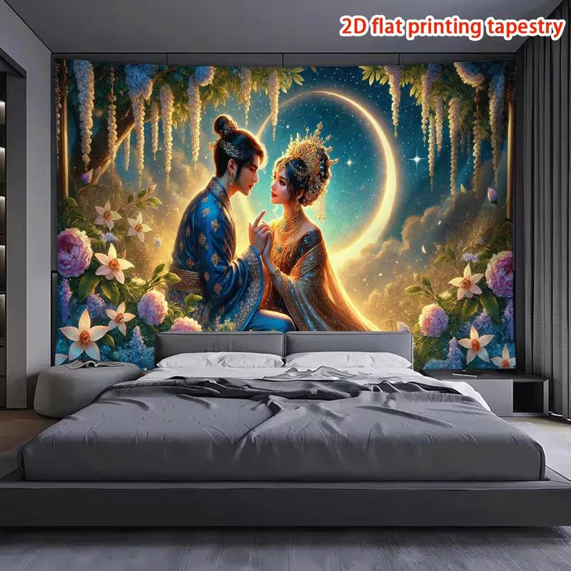 2D Fairy Tale Lovers Tapestry Crescent Moon & Blooming Flowers Wall Art