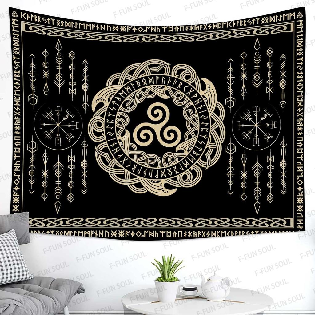VIKAMA Viking Rune Tapestry Black Background with Gold Double Dragons Norse Mythology Living Room Study Game Room Wall Decor