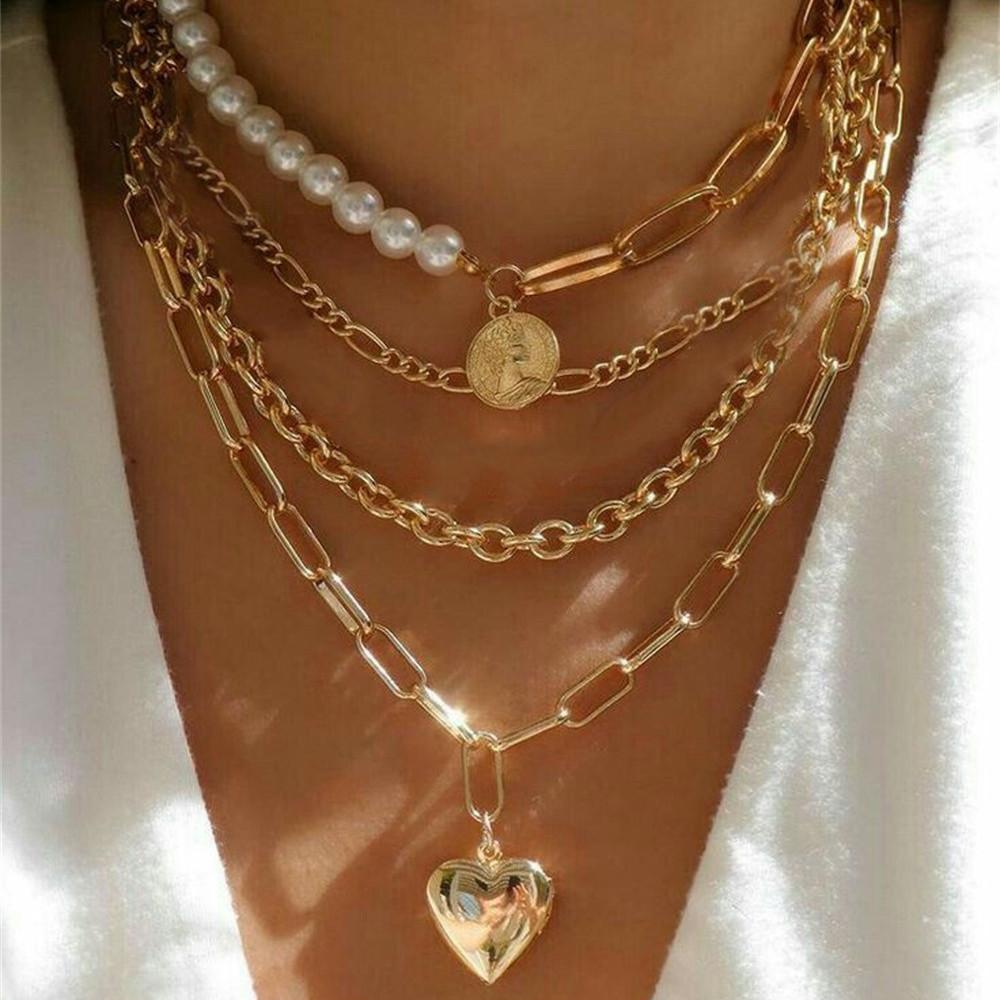 Fashion Punk Exaggerate Chain Crystal Heart Shaped Pendant Multilevel Punk Necklace For Women Vintage Choker Wedding Jewelry