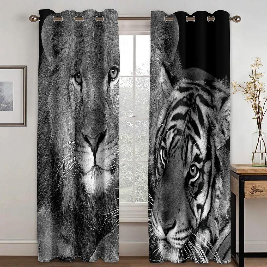 3D Digital Print Cheap Custom Animal Lion Tiger Two Thin Window Curtains for Living Room Bedroom Decor 2 Pieces