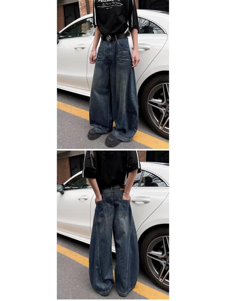 Men's American Retro Washed Black Wide-Leg Scimitar Jeans