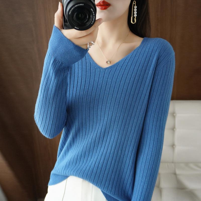 Herbst/Winter V-Ausschnitt Pullover Damen Gestreift Einfarbig Basis Pullover Koreanischer Slim Hoodie Innen Set Damen Warm Lässig Strickpullover