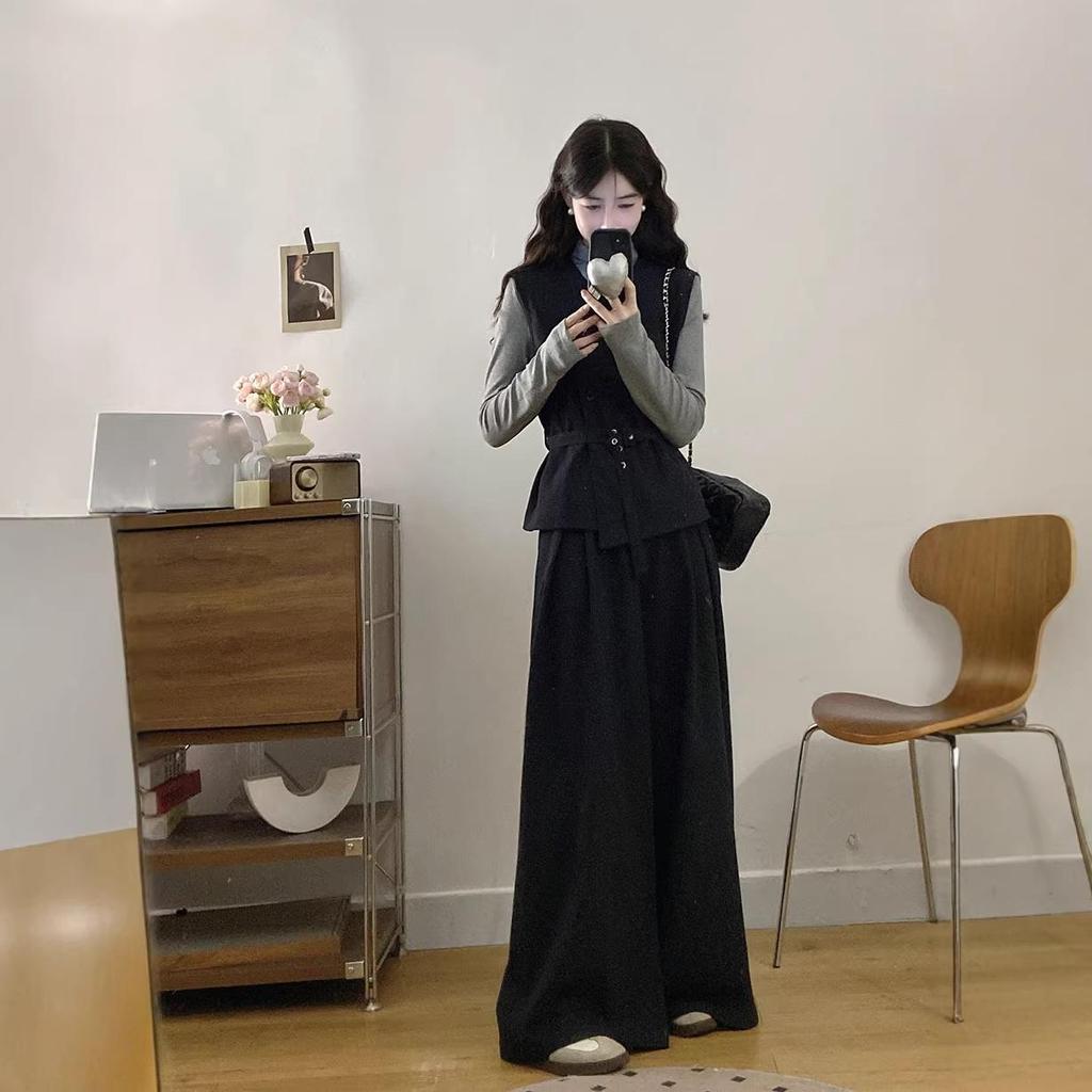 Korean Style Plus Size Women's High-End Casual 3-Piece Set: Vest, Base Layer, and Wide-Leg Pants for Autumn
