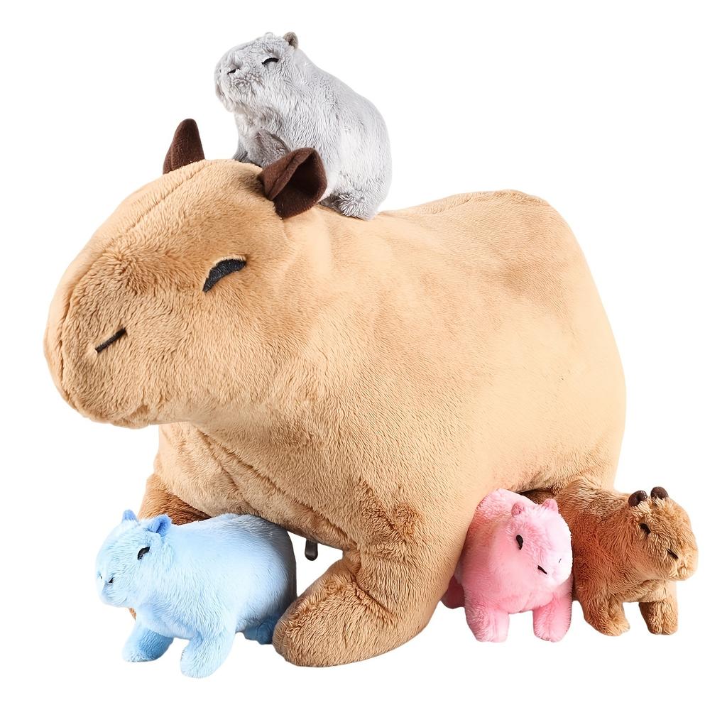 Kawaii Simulation Capybara Stuffed Animal-13.38'' Mommy Stuffed Capybara with 4 Baby Stuffed Animals Inside Zipper Tummy