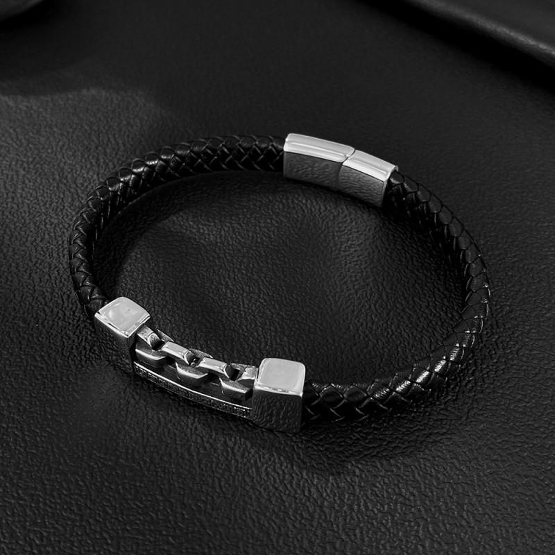 Hot Selling Leather Bracelet Men's Stainless Steel Personalized Fashion Versatile Retro Style Titanium Woven