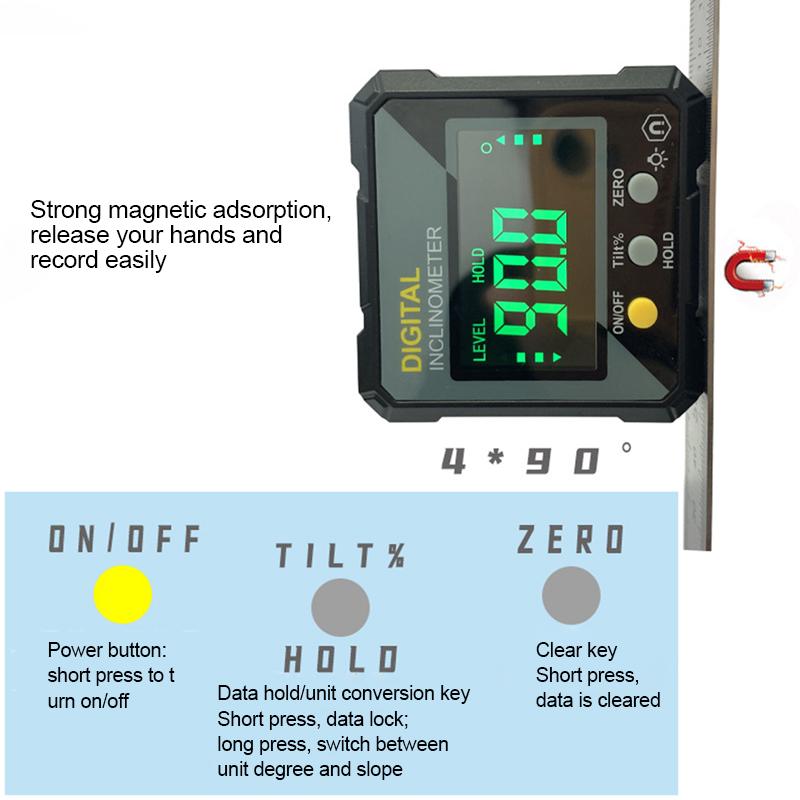 4*90° Digital Inclinometer Angle Protractor Backlight Protractor IP54 Slope Meter Single-side Magnetic Electronic Goniometer