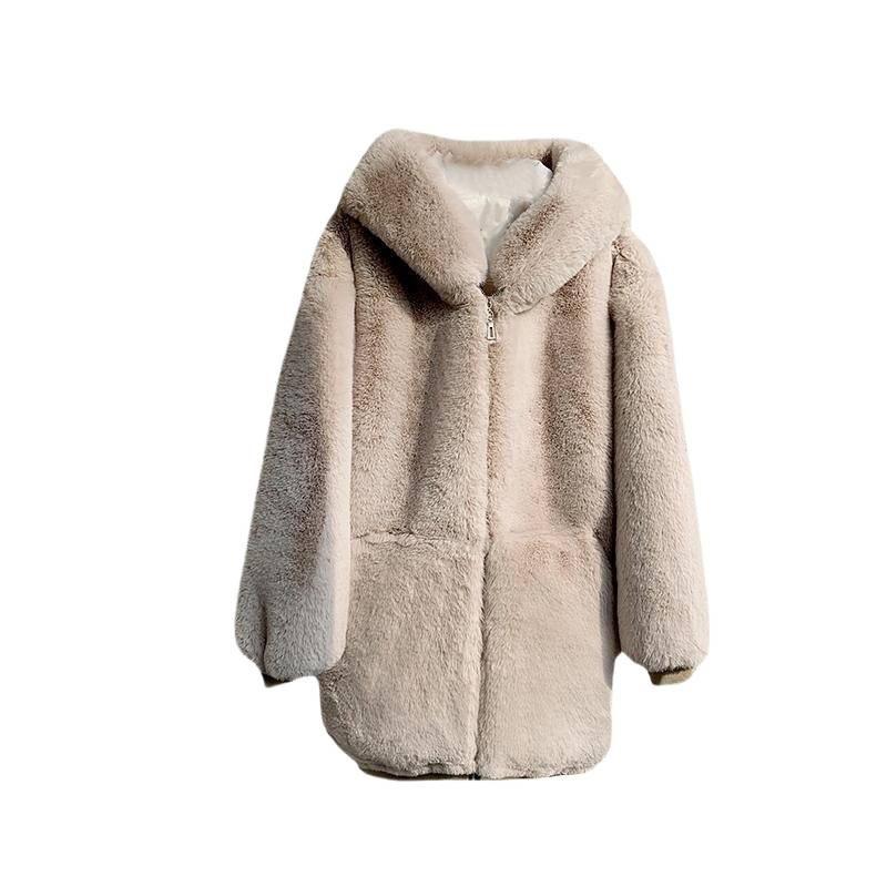New imitation rabbit fur jacket women's winter plush top cocoon-shaped thickened hooded long