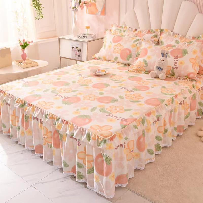 3pcs Sheet Set High Grade 100% Cotton Printed Bedspread King Queen Size Cute Pure Cotton Thick Bed Skirt with 2pcs Pillowcase