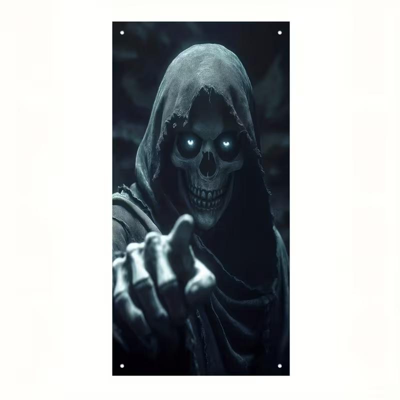 2D Glowing Eyes Reaper Door Cover, 2D Halloween Skeleton Decor