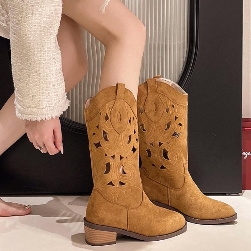 Módní duté vyšívané vintage westernové boty dámské 2025 podzim robustní podpatky ke kolenům kovbojské boty žena PU kůže rytířské kotníkové boty