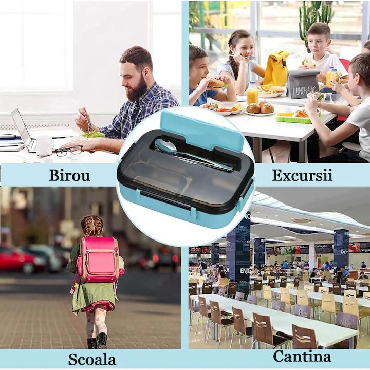 Lunch Box 4 Compartments with Utensils and Soup Bowl, 27.5x20.5cm, Blue, Perfect for School and Office