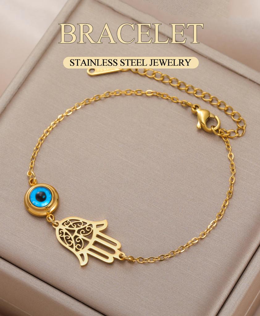 Dawapara Hamsa Evil Eye Bracelet Hand of Fatima Protection Talisman Good Luck Charm Stainless Steel Jewelry