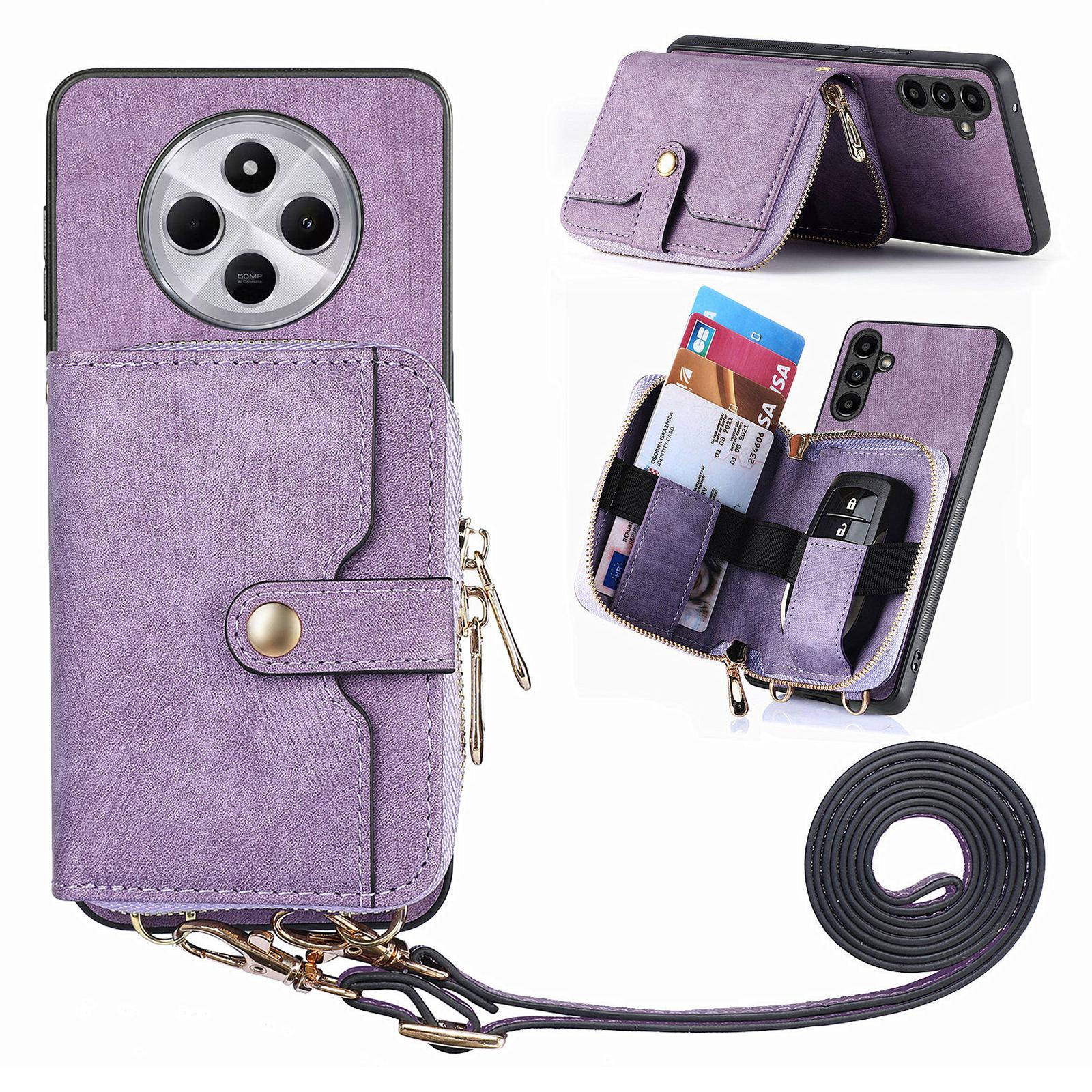 

Zipper Wallet Phone Case For Xiaomi Redmi 14C 4G/14R 5G/Poco C75 4G Leather Kickstand Back Cover with Shoulder Strap Purple
