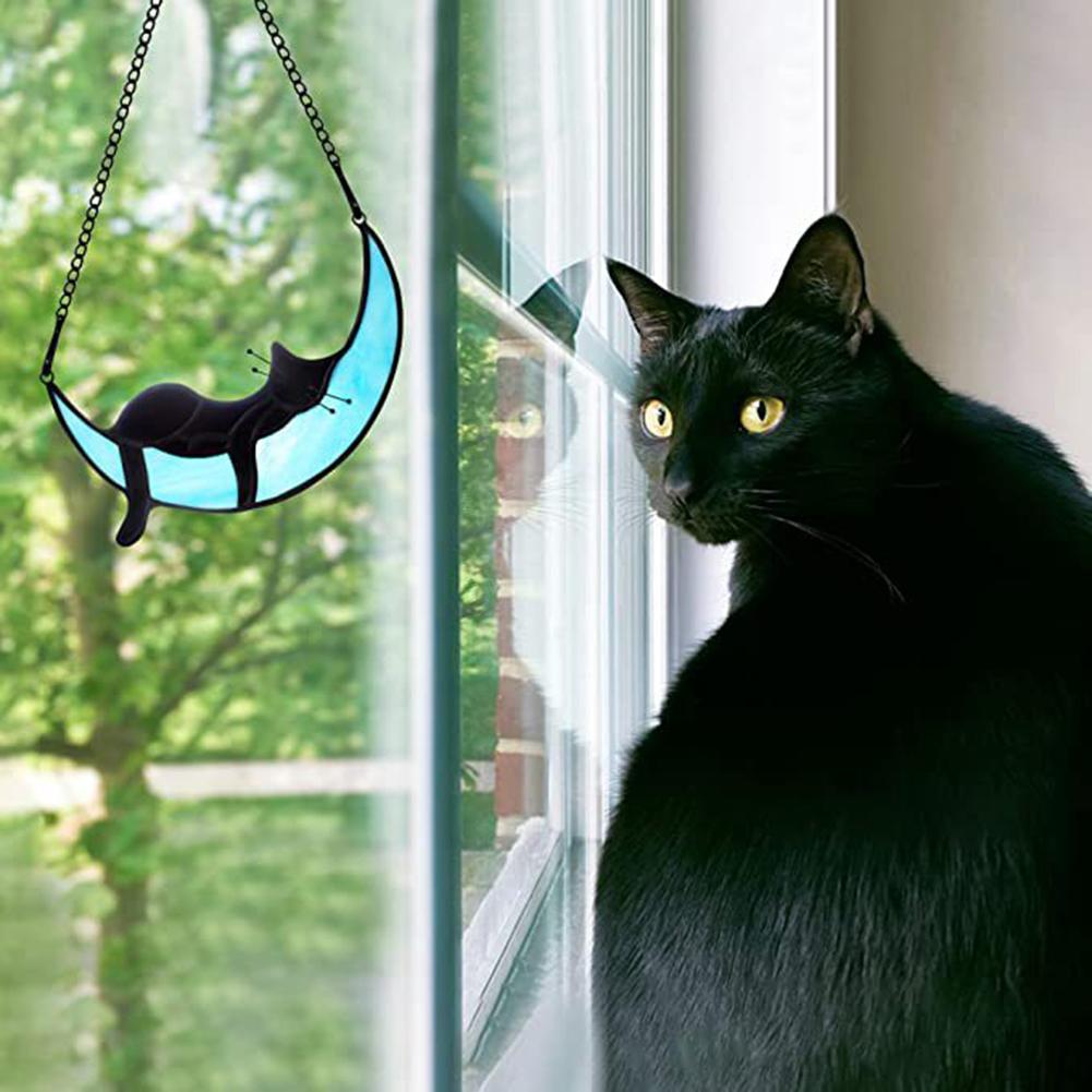 Colorful Cat In Moon Ornament Window Hangings Cat Memorial Gifts Windows Cars Decoration For Cat Lovers
