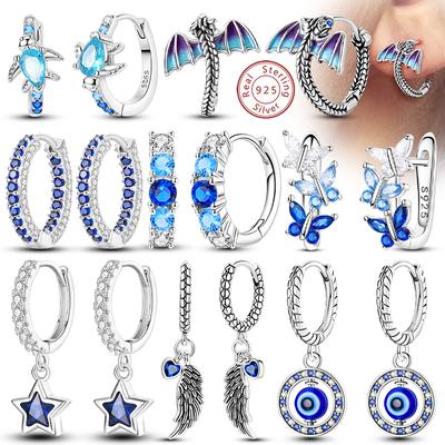 Hoop Earrings Original 925 Silver Blue Starlight Crystal Fire Dragon Butterfly Earrings For Women Party Wedding Jewelry