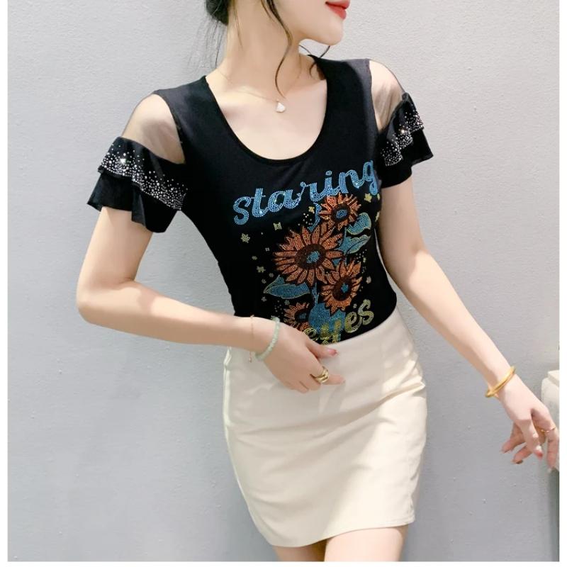 Summer Streetwear Girl Shiny Bling Rhinestone Floral T-shirt Sexy Off Shouler Short Sleeve Tops New Chic Women Elastic Slim Tees