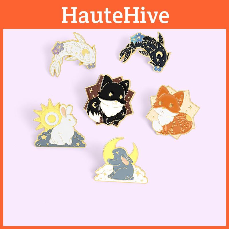 Stylish Animal Couple Badge Adorable Tai Chi Fish Black And White Rabbit Fox Brooch