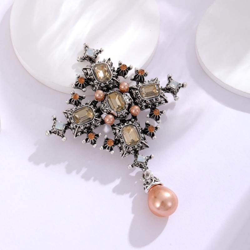 Broșă Cruce Vintage Baroc cu Strassuri pentru Femei Bărbați Cristal Perle Picătură de Apă Broșă Bijuterii pentru Birou Petrecere Cadou