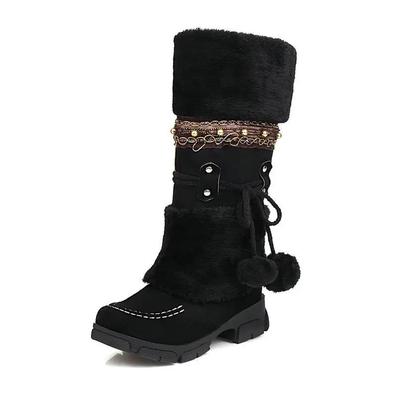 Mujer New Women Boot 2024 Winter New Medium Heel Cotton Boots Wool Ball Tall Boot Warm Student Snow Boots National Knight Boots