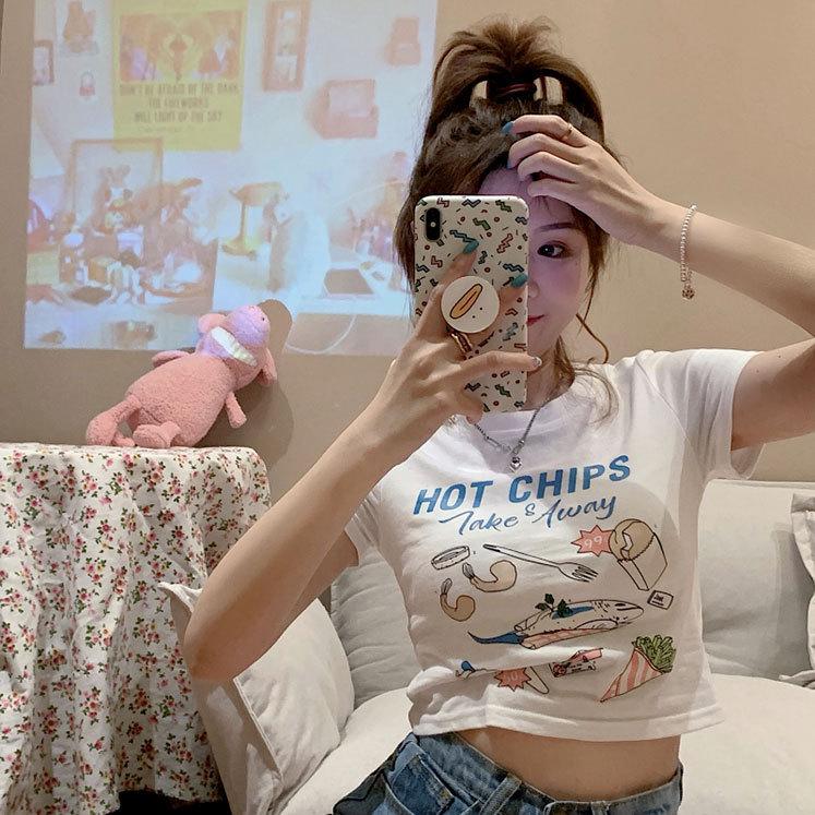 High-Waist Cropped T-Shirt, Slim Fit, Korean Style, 2022 Summer Chic, Short Sleeve