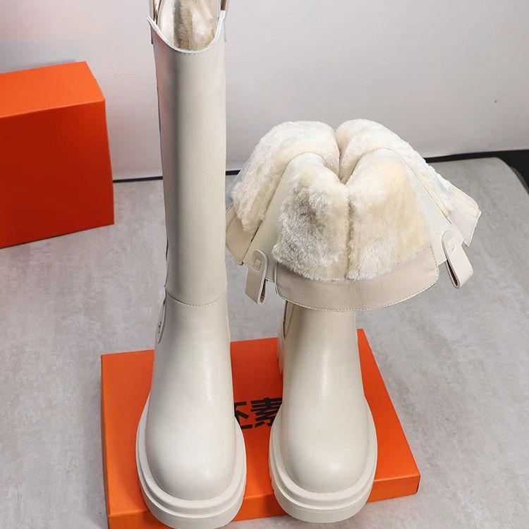 2025 Women's Over-the-Knee Leather and Fur Snow Boots, Plus Size, Fleece-Lined, Extra Wide, High-Leg