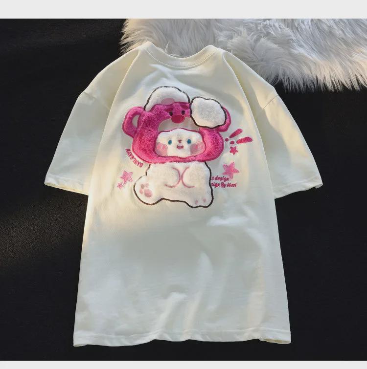 Women's Summer Bear & Rabbit Cotton T-shirt - Short-Sleeve, Loose Fit, Trendy Design
