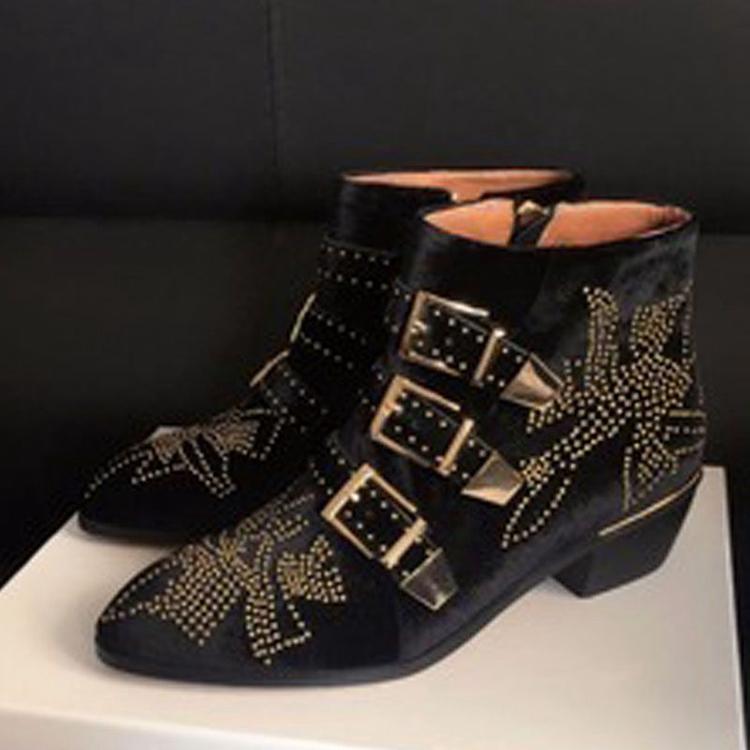 Fashion Brand Catwalk Rivet Cow Leather Short Boots Autumn Winter Retro Large35-45 Ankle Boots4cm Thick Heel Rock Night Club Women Shoes