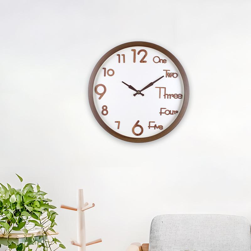 Artistic Wood Grain Wall Clock Three-dimensional Chinese and English Numbers Mixed Design Living Room Mute Fashion Decorative Quartz Clock