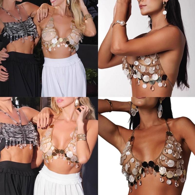 Sequins Crystal Tassels Halterneck Bra Crop Top Body Chain Camisole for Women Nightclub Festival Bikini Body Jewelry