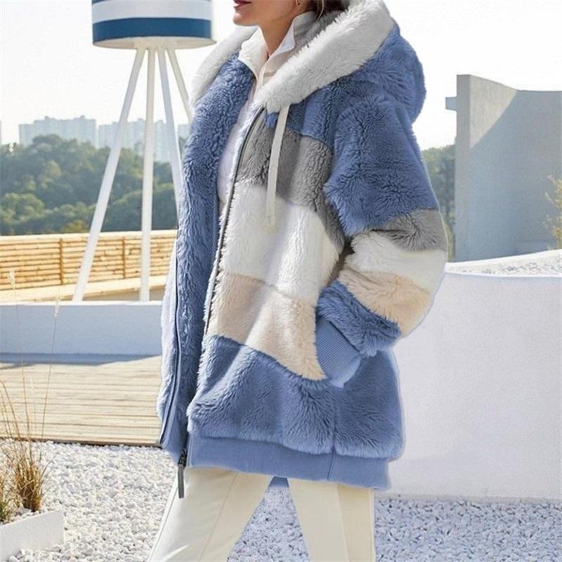 Autumn And Winter Warm Plush Patchwork Zipper Pocket Hooded Loose Jacket Women