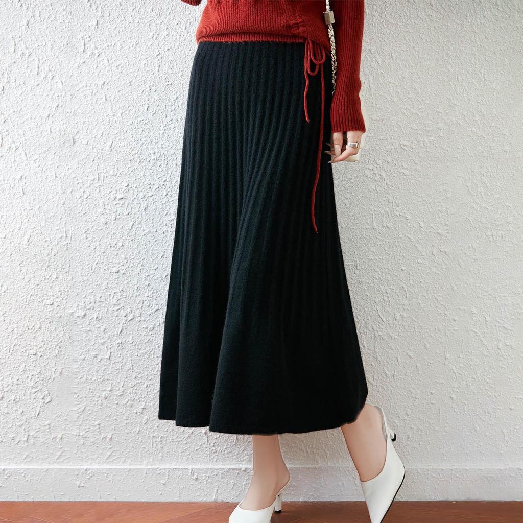 100% Wool Drapey A-Line Pleated Midi Skirt - Slimming and Large Swing Design for Spring and Autumn