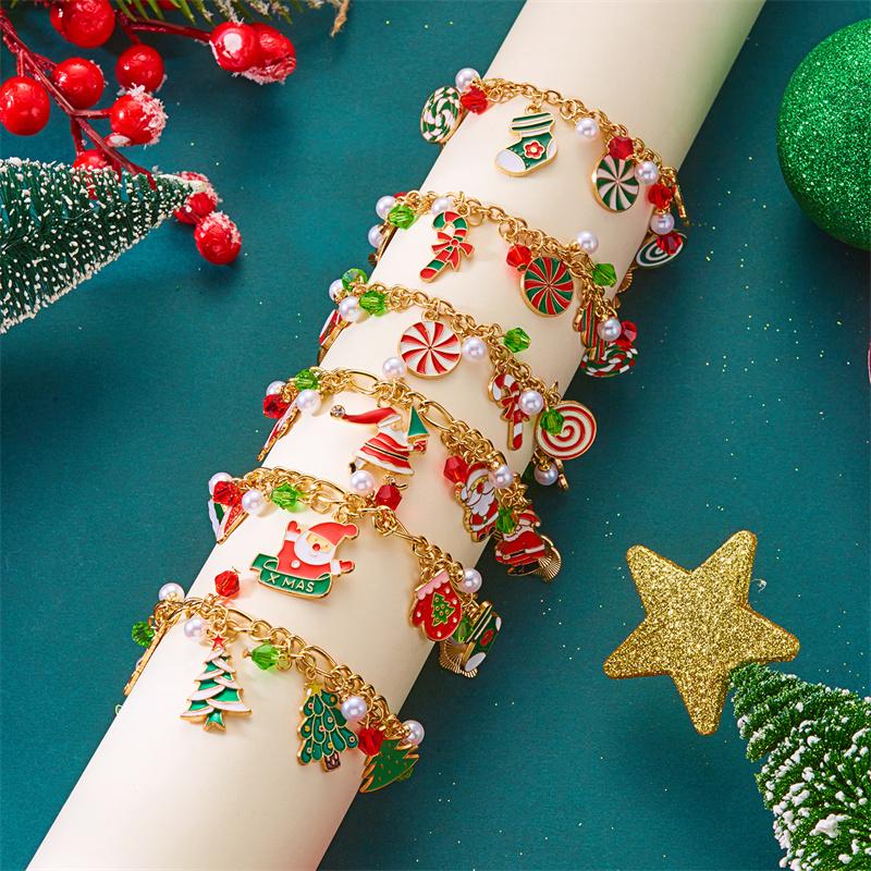 Creative Christmas Elk Bell Zircon Bracelet for Women Cute Santa Claus Tree Candy Cane Stocking Multi Pendant Chain Zircon Gift