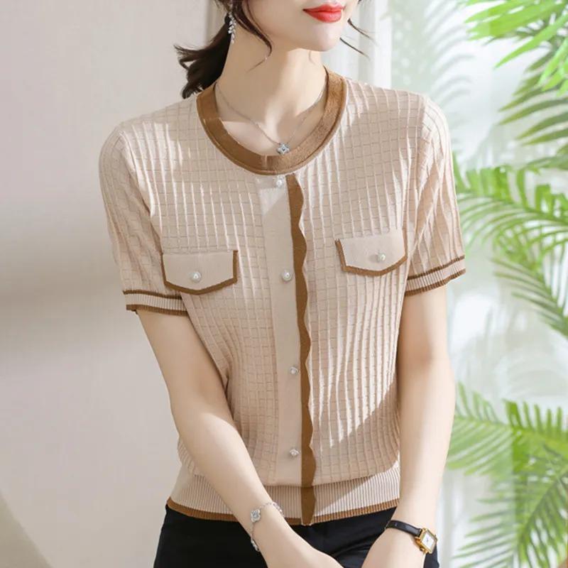 

Summer Short-sleeved Women s T-shirt Summer New Loose Fashionable Age-reducing Thin Top Ice Silk Sweater XL бежевий