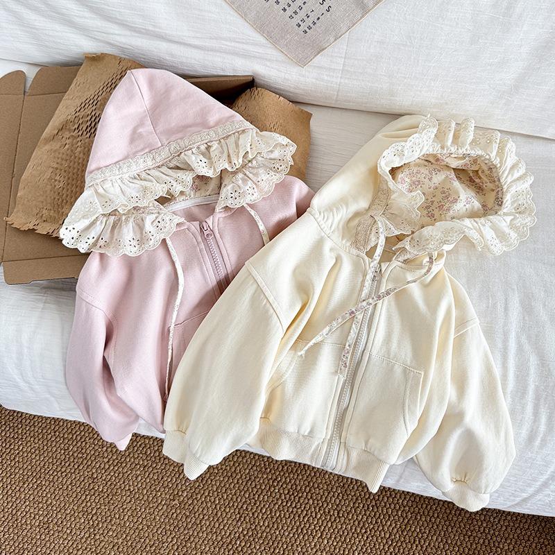 Girls Korean Style Jacket New Children's Autumn Pastoral Cute All-match Hat Lace Edge Zipper Sweater