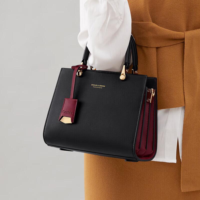Cnoles Damen-Handtasche, Rindsleder, Großes Fassungsvermögen, Umhängetasche, Schwarz