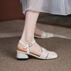 Cow Leather Square Toe Thick Med Heels Autumn Summer Buckle Straps Shoes Hollow Decorations Women Shallow Sandals