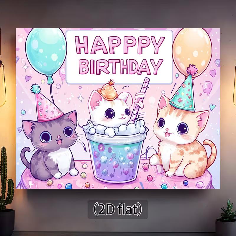 2D Kawaii Cat Party Backdrop, Kids Birthday Background Cloth