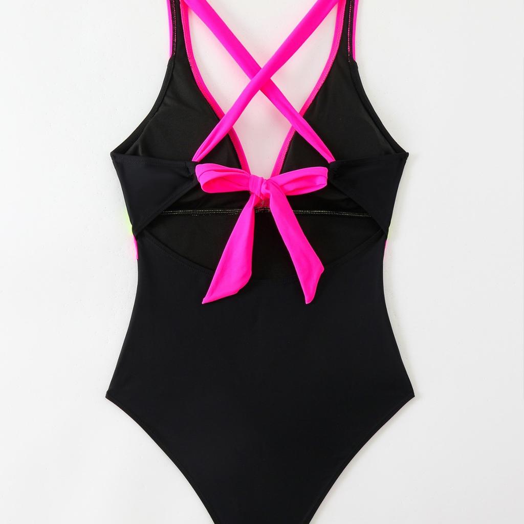 Costume da bagno intero a vita alta con scollo a V e laccetto al collo per donna