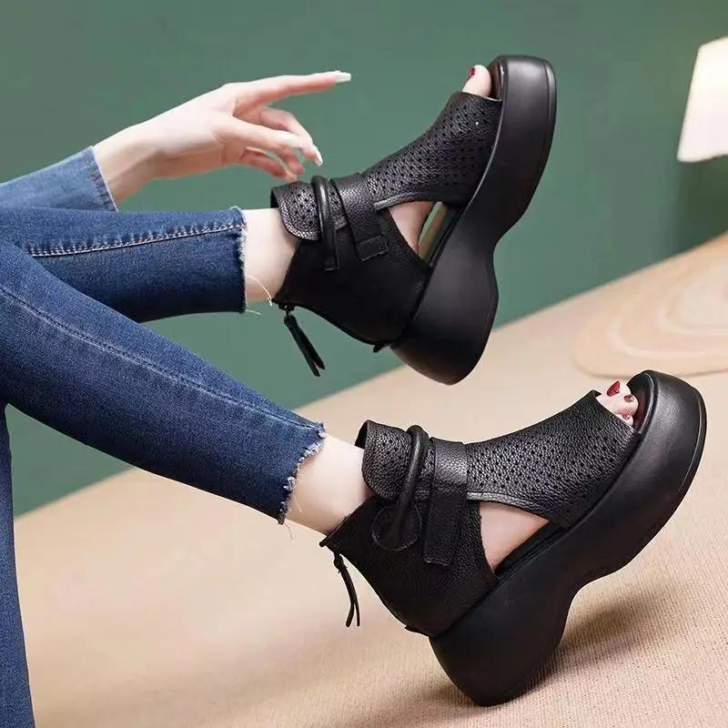 New Women's Hollow Breathable Hole Shoes Thick Sole Leather Fish Mouth Hook Loop Retro Comfortable Wedge Sandal Plus Size 43