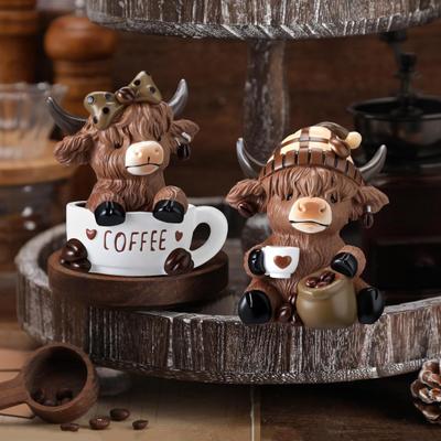 1/2 ks Šálek na kávu Figurka skotské vysočinské krávy Kávové zrno Skotský vysočinský dobytek Pryskyřičná socha Sochařská dekorace Ornament Dárky pro milovníky telat