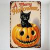 Vintage Halloween Poster A Merry Halloween Kitten In Carved Pumpkin Tin Sign Retro Spooky Cute Metal Wall Decor for Home Bar Pub