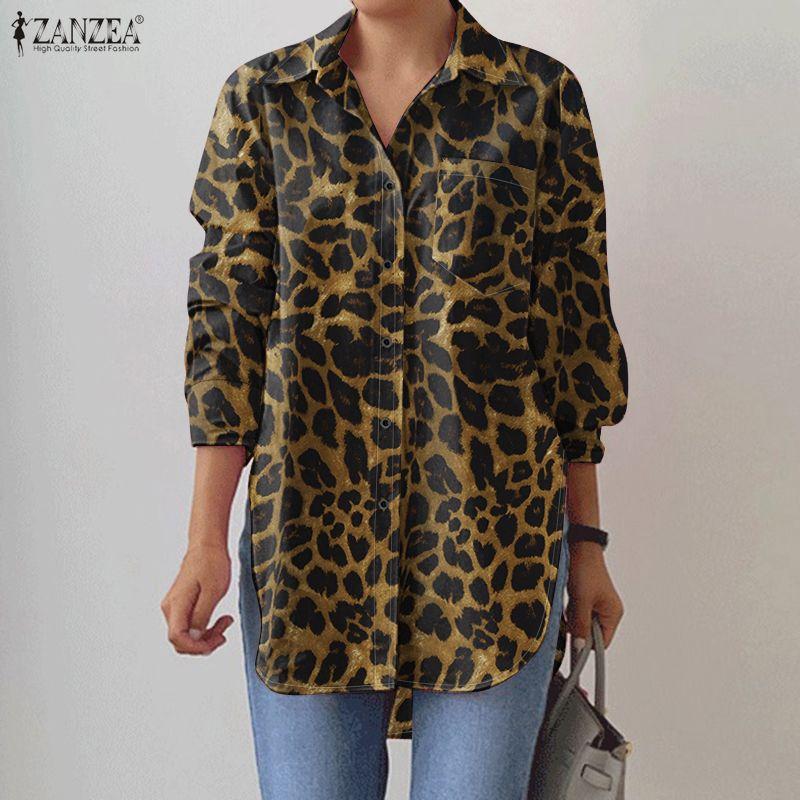 ZANZEA Damen Locker Lässige Leopard-Print Langarmbluse