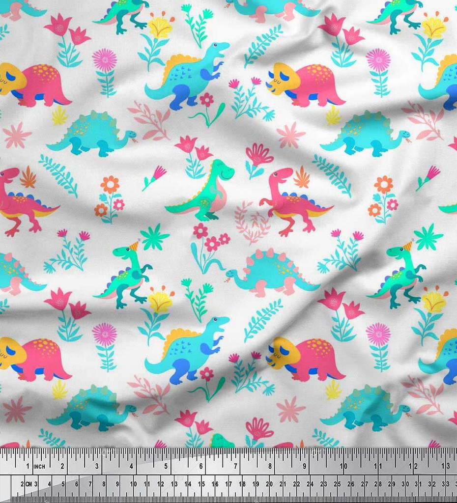 Soimoi Black Japan Crepe Satin Fabric Aster Flower & Dinosaur Kids Print Fabric by Metre 42 Inch