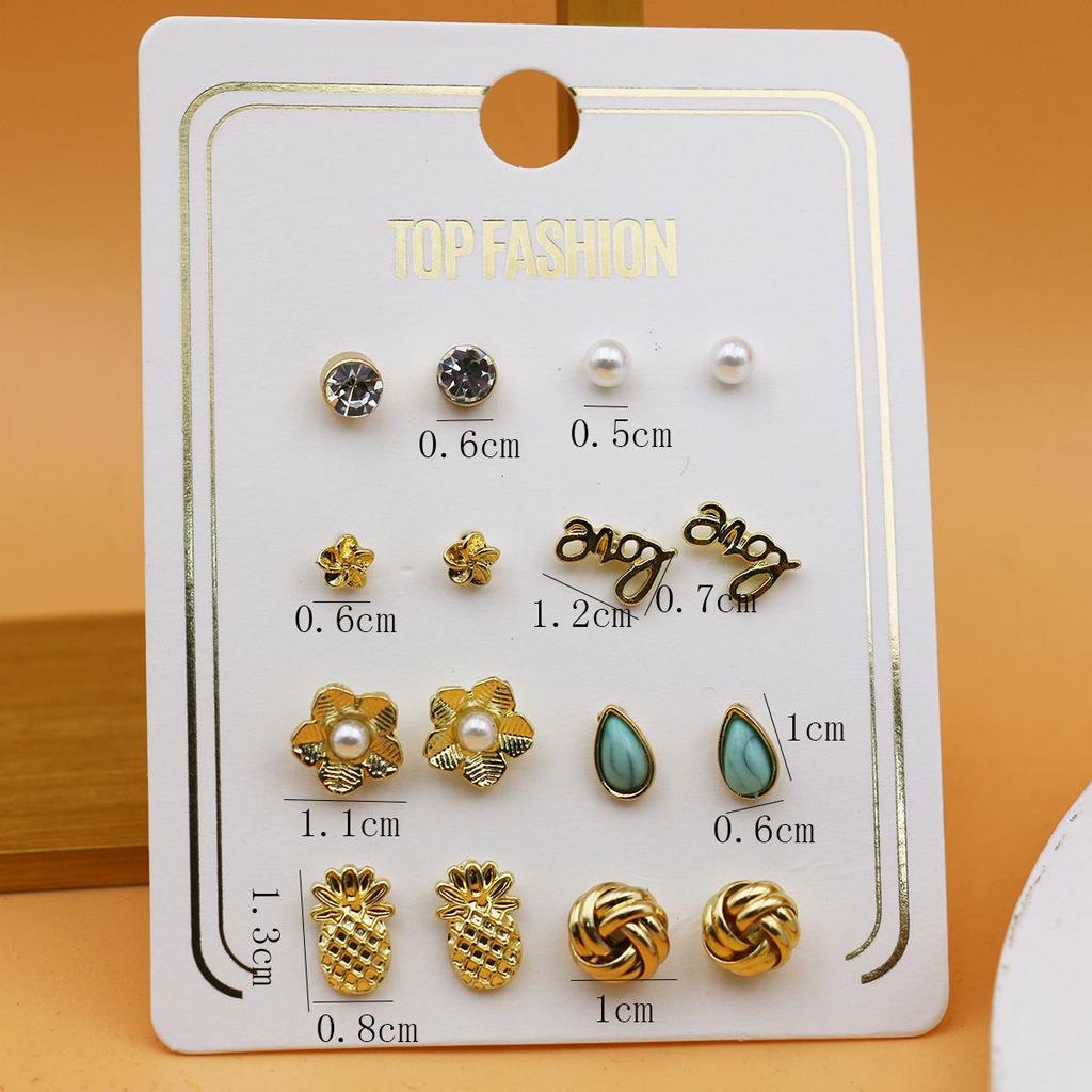 8-Pair Gold-Plated Rhinestone Alloy Ear Stud Set - Eco-Friendly, Versatile, Personality Trend Women's Earrings