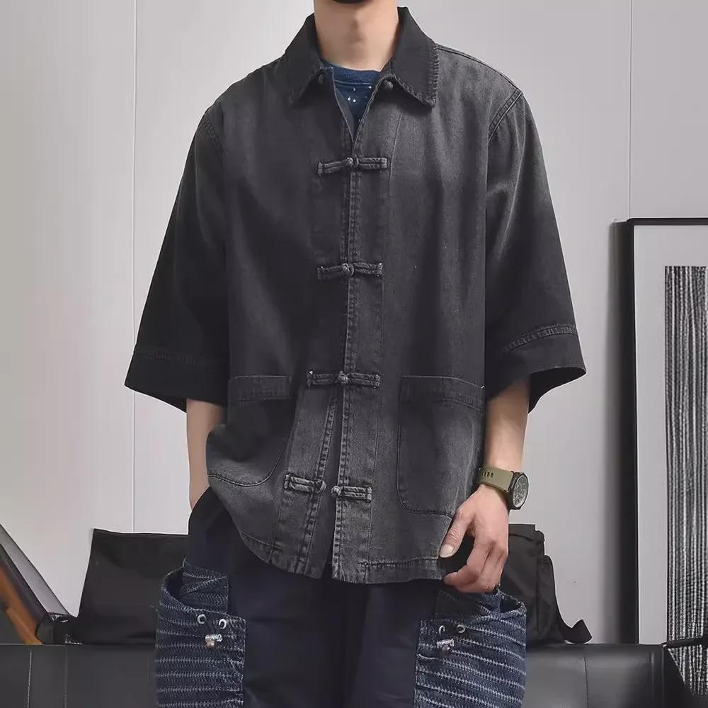 2024 Men's Retro Japanese-Chinese Buttoned Denim Shirt - Loose Casual Half-Sleeve Trendy Top