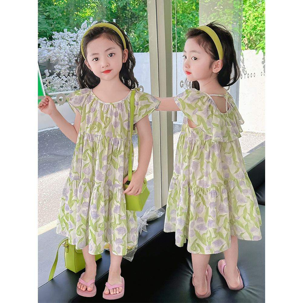 Girls Summer Cotton Lotus Leaf Collar Dress Pure Cotton Floral Tulip Sweet Kindergarten Elementary School Fat Princess Dress
