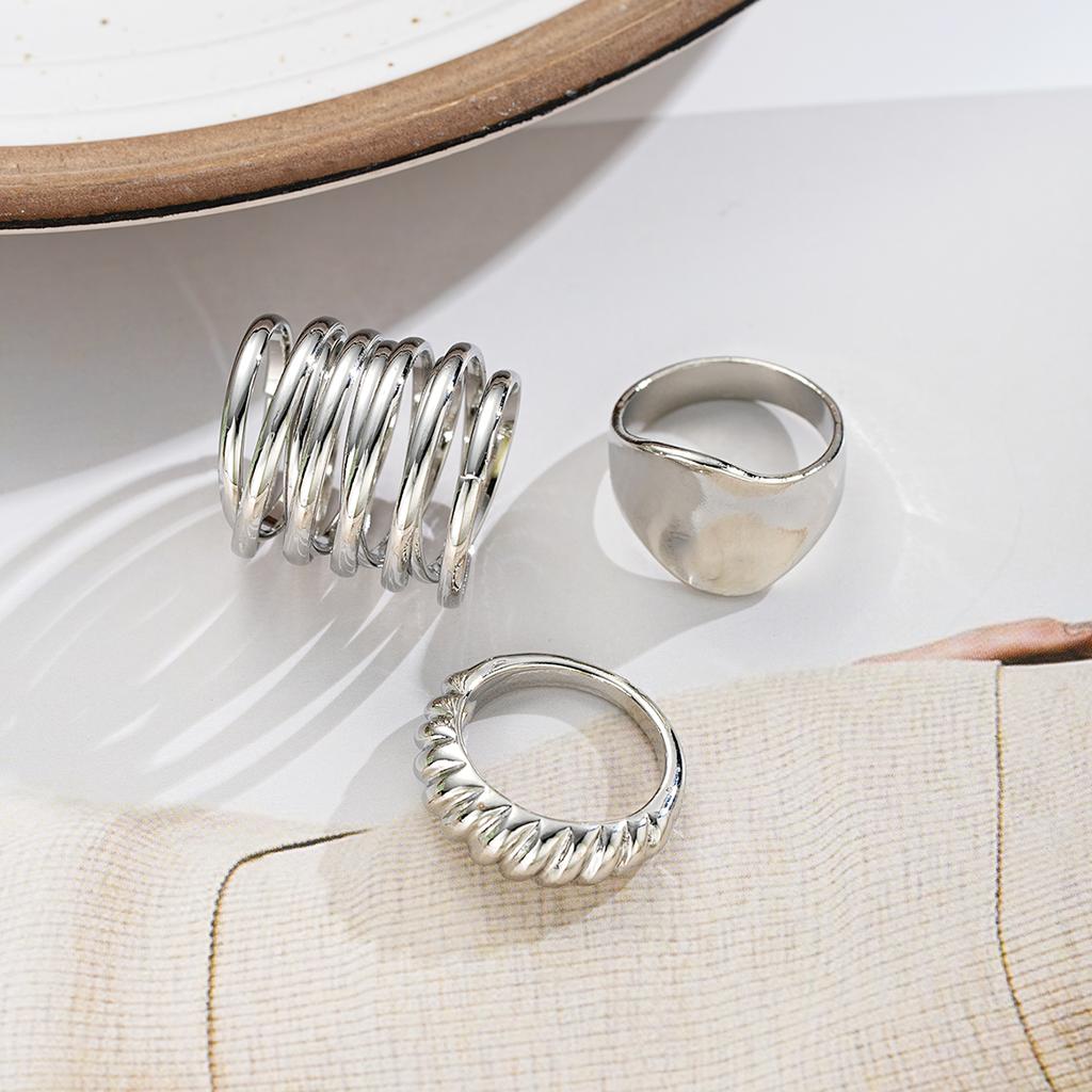 3Pcs/Set Irregular Geometric Chunky Twisted Rings for Women Fashion Smooth Silver Color Hollow Out Rings Set Party Jewelry Gifts