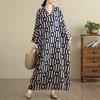 DIMANAF 2025 Women Plus Size Spring Long Dress Loose V-Neck Printing Vintage Casual Floral Oversize Long Sleeve 5031